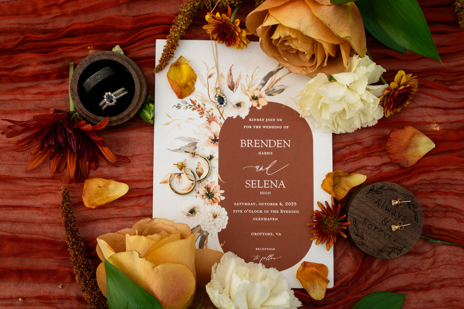 Wedding invitation suite for Brenden and Selena's Grottoes, VA wedding with rings and flowers.
