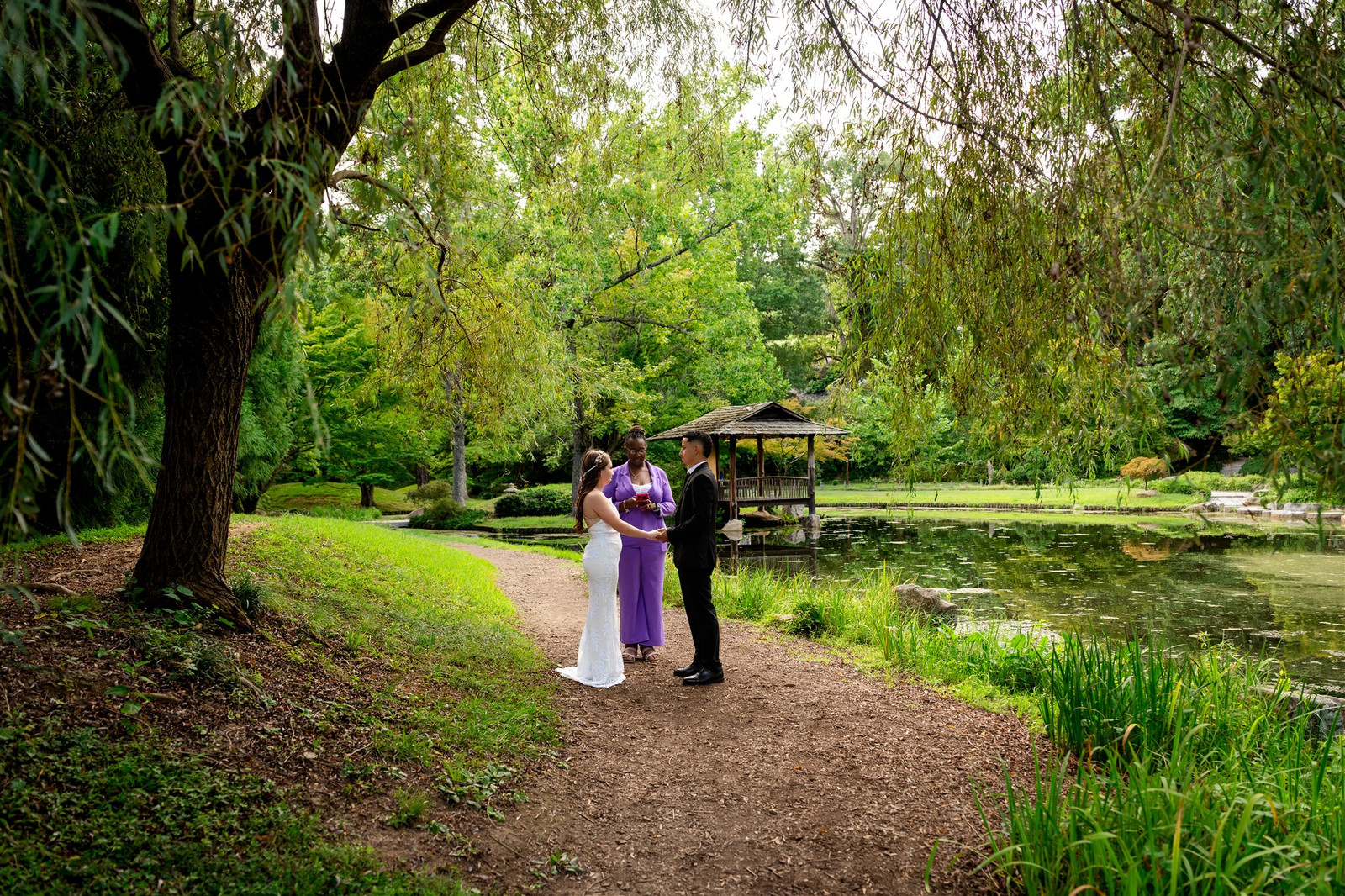 Richmond elopement: Bride and groom at Japanese garden ceremony.